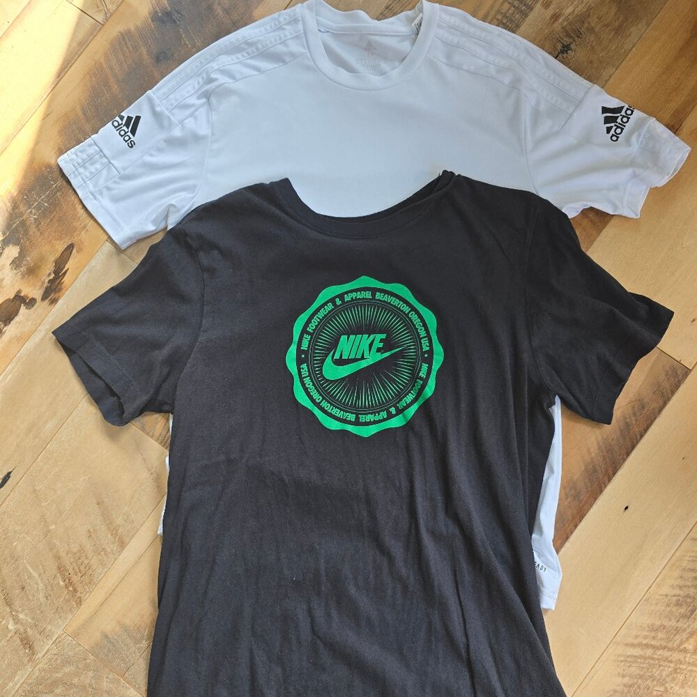 Pair of T-Shirts - Black/Green Nike T-Shirt, White Adidas  Size Medium